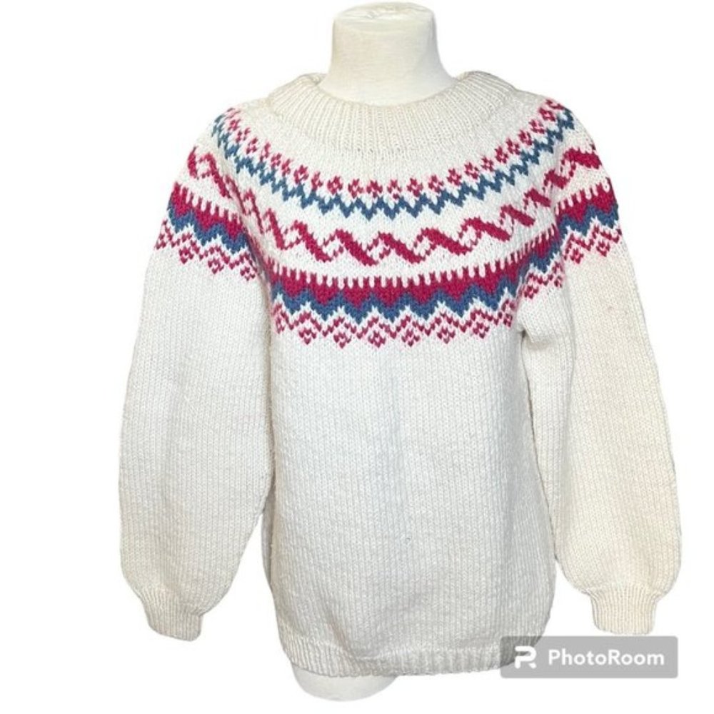 Vintage Fair isle Icelandic-Chunky-hand-knit-white -Fisherman Sweater. size XL